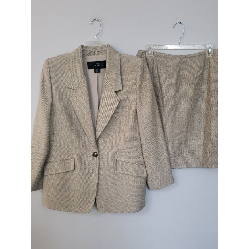 Ellen Tracy Suit Women's 12P Silk Wool Heathered Tweed Blazer & Skirt Neutal Vtg